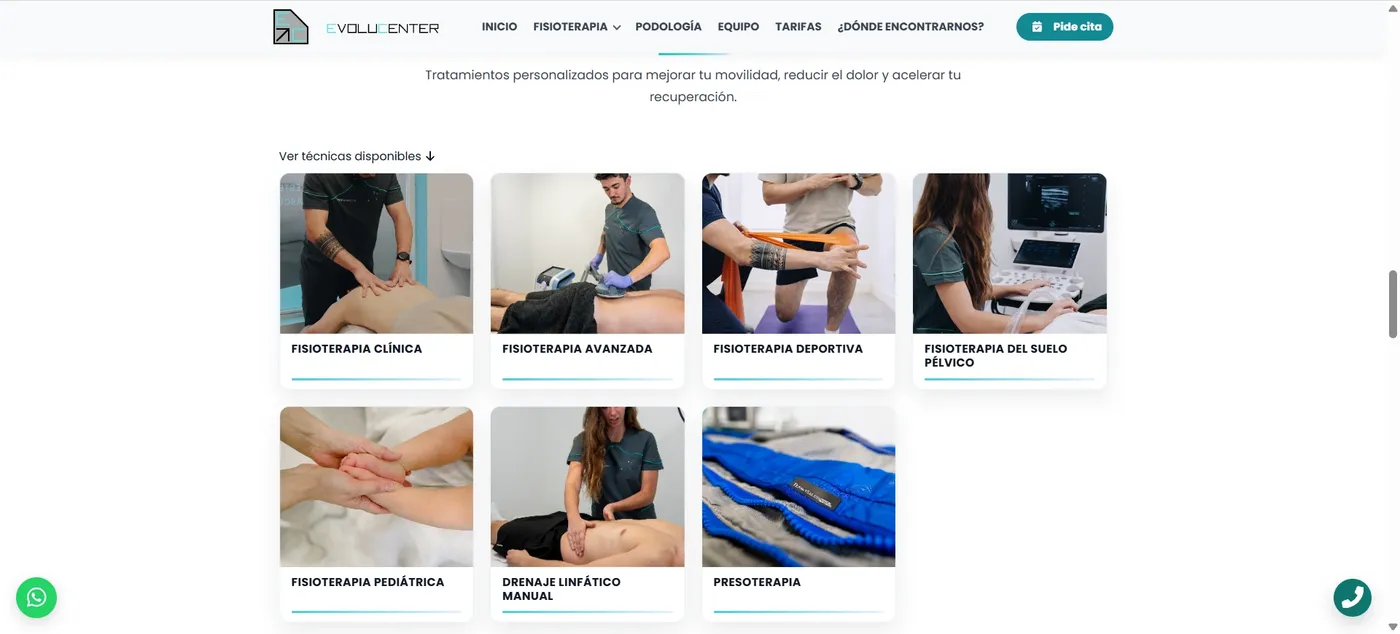 Catálogo de técnicas de fisioterapia en evolucenter.es, con una tarjeta y foto real por tratamiento