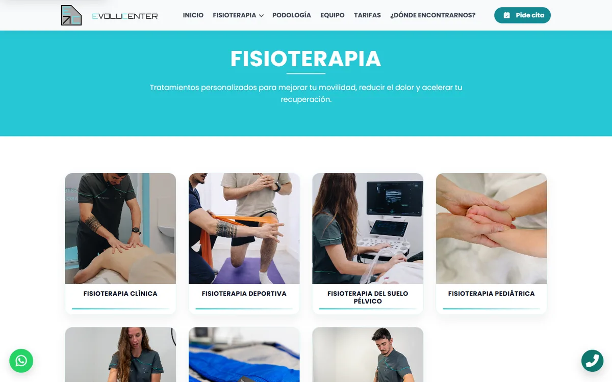 Physiotherapy page on evolucenter.es with the clinic’s specialities