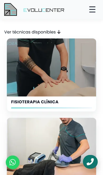 Catálogo de técnicas de fisioterapia de evolucenter.es en el móvil, con una tarjeta por tratamiento