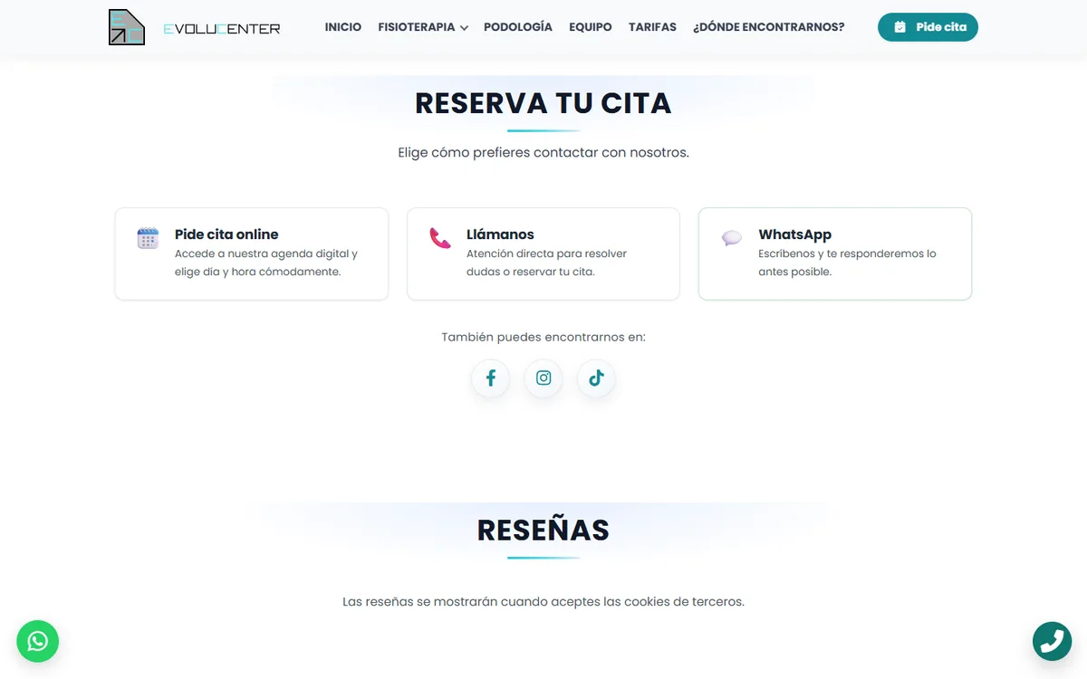 Appointment section on evolucenter.es: online booking, phone or WhatsApp