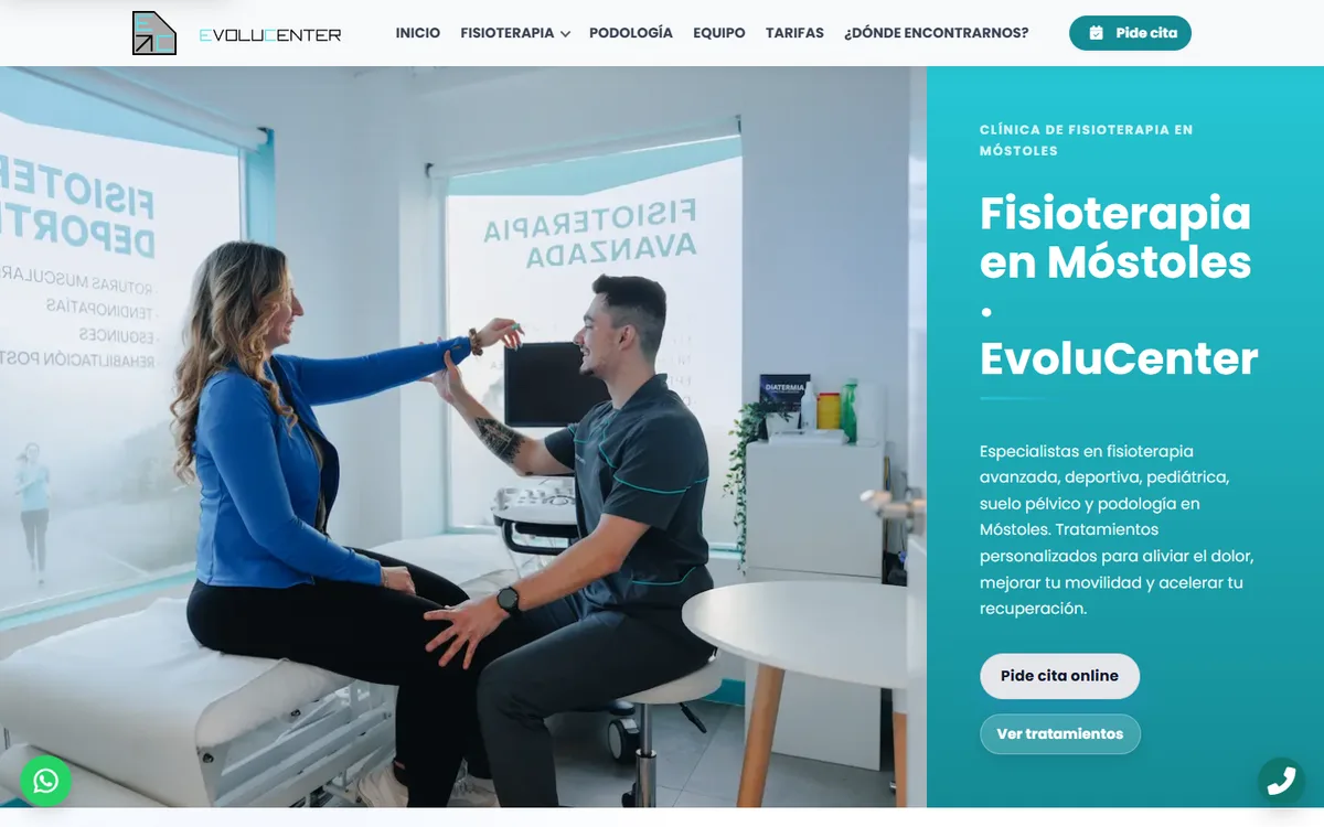 Portada de evolucenter.es, clínica de fisioterapia en Móstoles, con el botón de pedir cita online