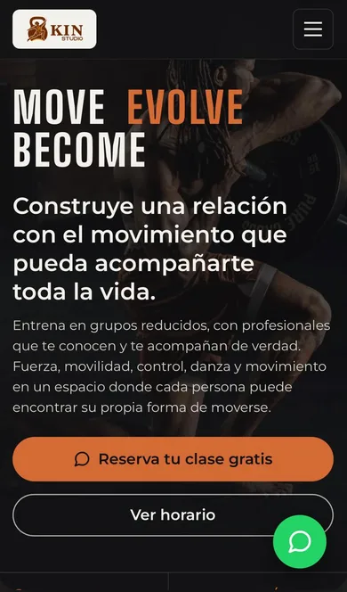 Portada de kin-studio.es en el móvil: lema Move Evolve Become y botón de reservar la primera clase gratis