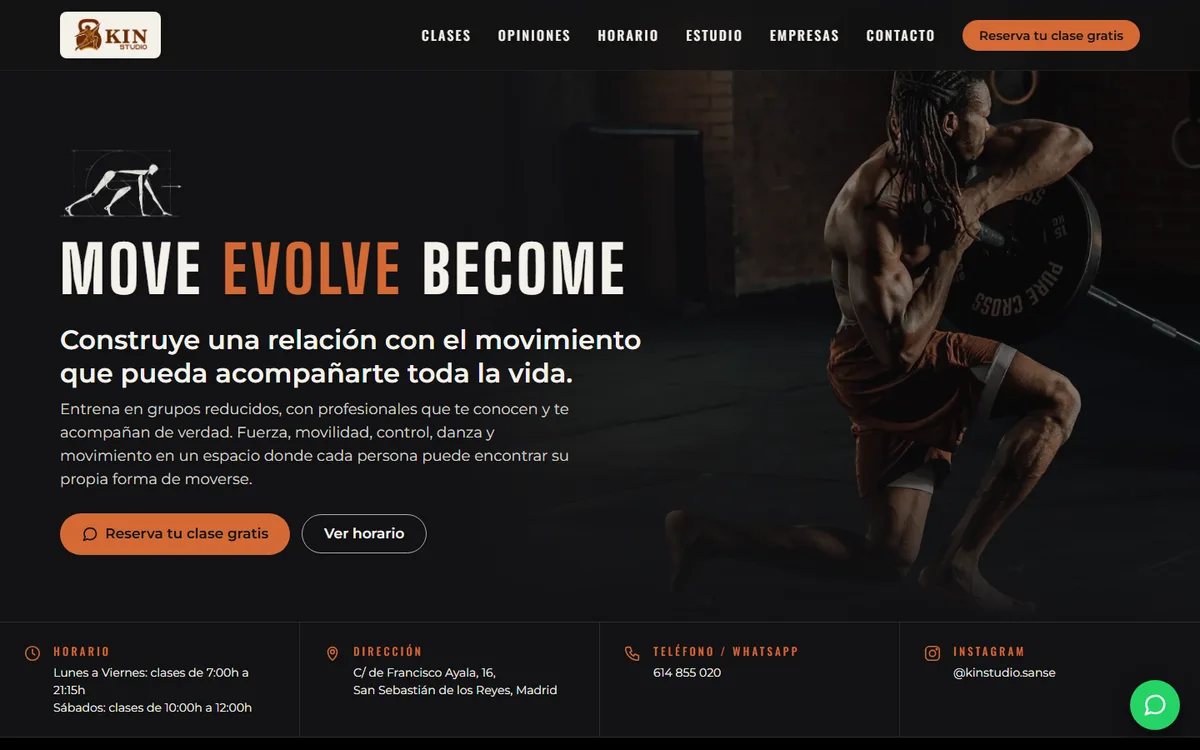 Portada de kin-studio.es con el lema Move Evolve Become y el botón de reservar la primera clase gratis