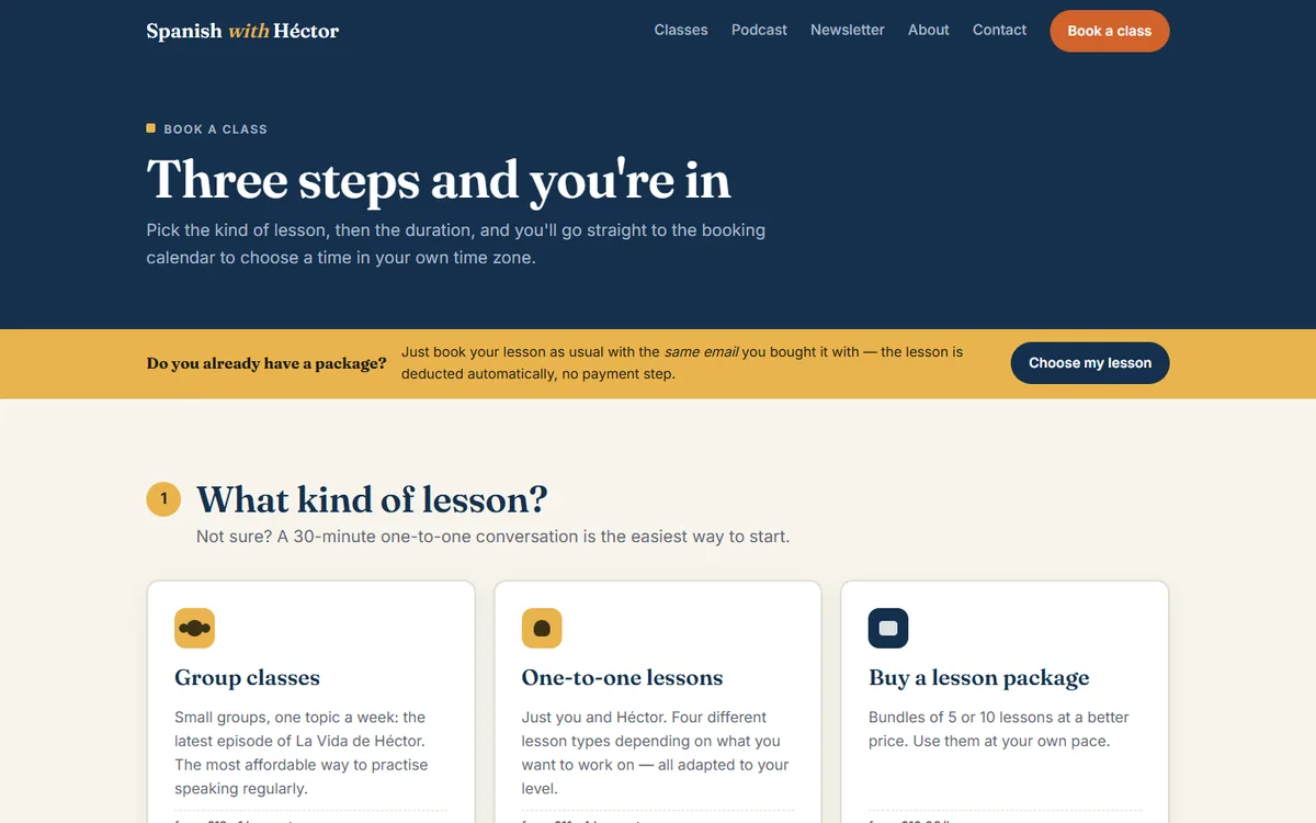 Booking page on spanishwithhector.com: the student picks the lesson type and duration and reaches the booking calendar in three steps