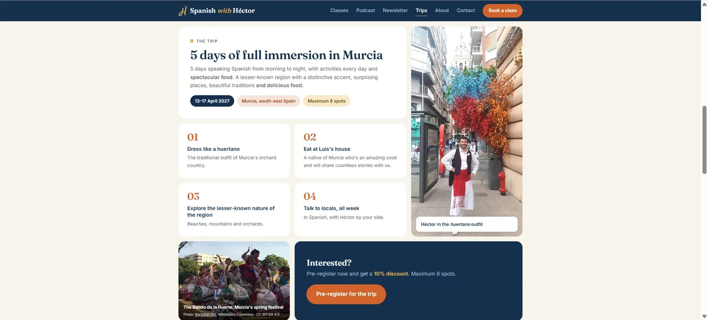 Página de viajes de spanishwithhector.com: cinco días de inmersión en Murcia, con programa y preinscripción