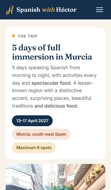 Página de viajes de spanishwithhector.com en el móvil: cinco días de inmersión en Murcia