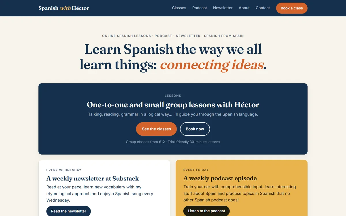 Portada de spanishwithhector.com con el bloque de clases y los accesos a la newsletter y el pódcast