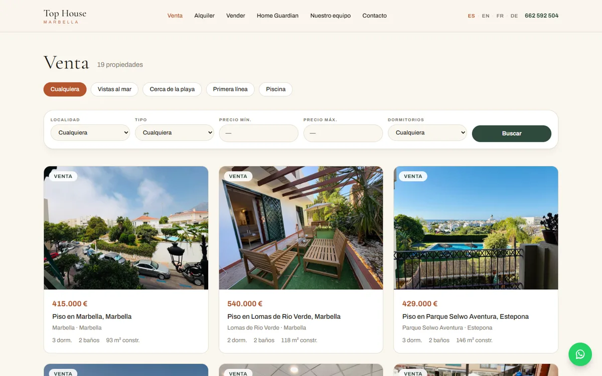 Sales listing on tophousemarbella.com: filters by location, type and price, with property cards loaded from Inmovilla