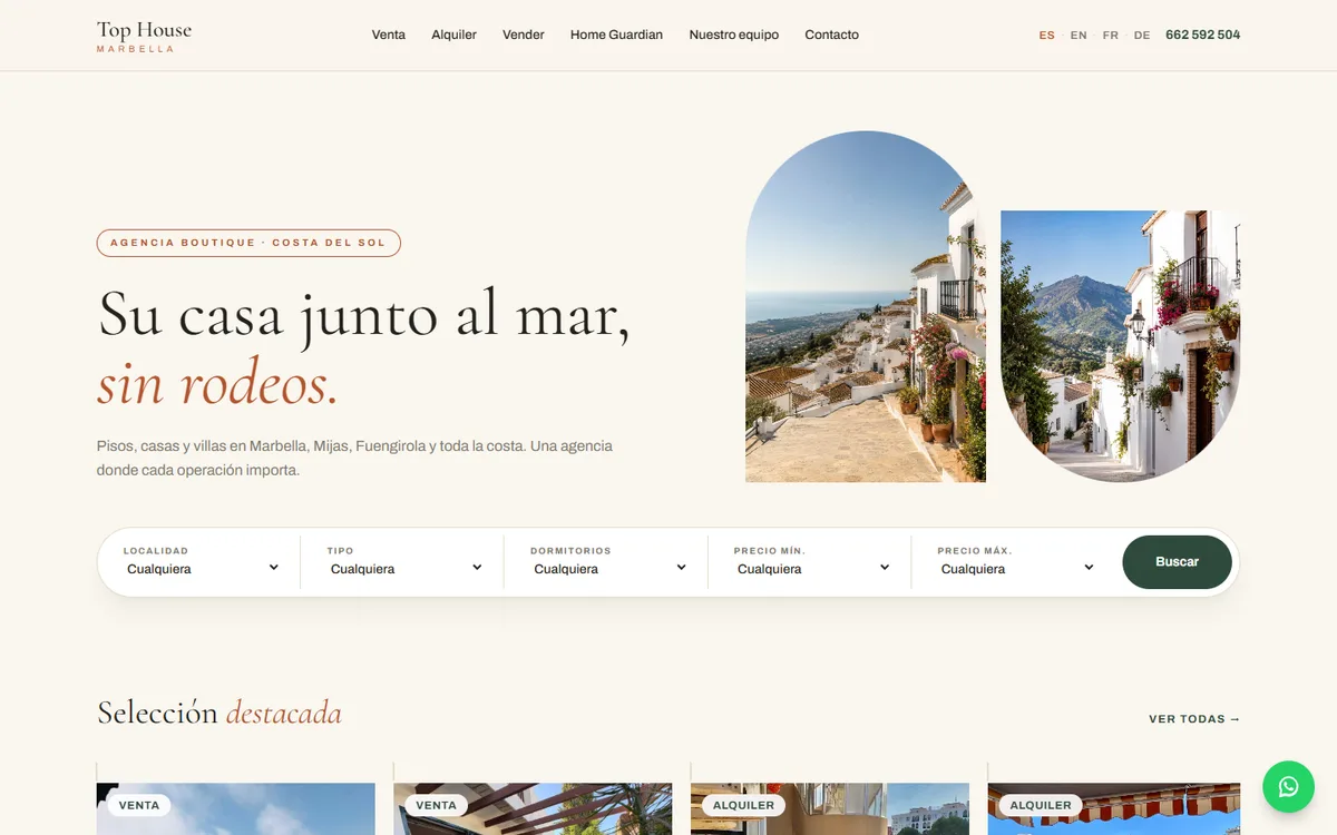 Portada de tophousemarbella.com con el buscador de inmuebles por localidad, tipo, dormitorios y precio